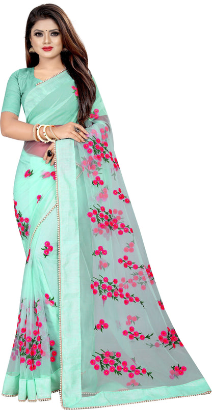 Embroidered Silk Thread Net Saree