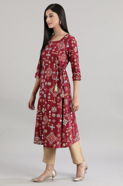 Maroon Round Neck Geometric Print A-line Knee Length Kurta