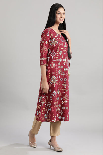 Maroon Round Neck Geometric Print A-line Knee Length Kurta