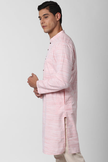 Pink Mandarin Collar Striped Straight Kurta