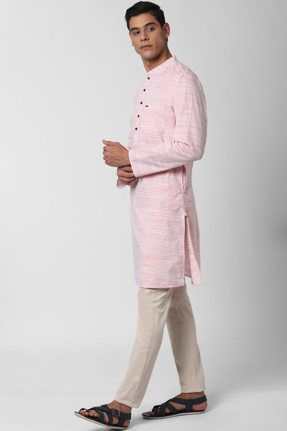 Pink Mandarin Collar Striped Straight Kurta