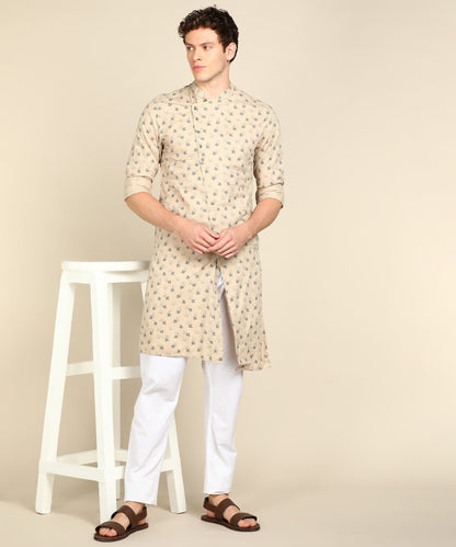 Brown Printed Mandarin Collar Asymmetric Kurta