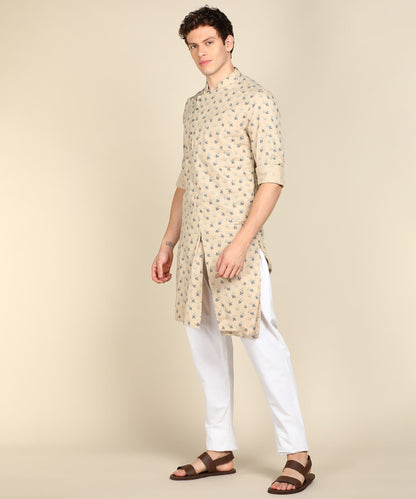 Brown Printed Mandarin Collar Asymmetric Kurta