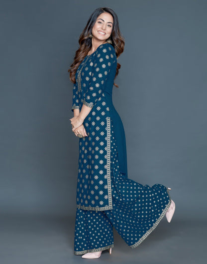 Blue Round Neck Printed Kurta and Palazzo Set