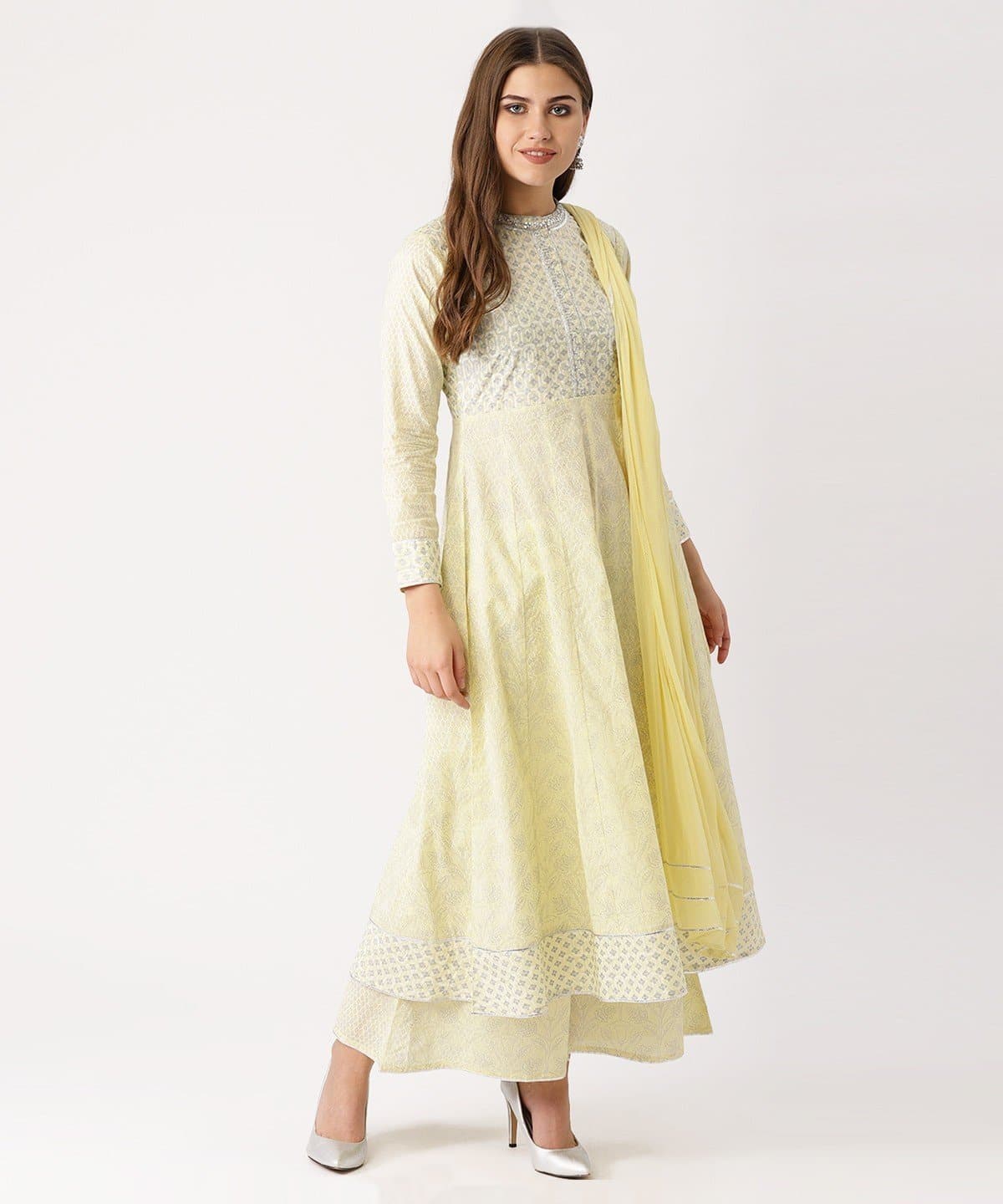 Yellow Cotton Blend Printed Kurta and Salwar Palazzo Set