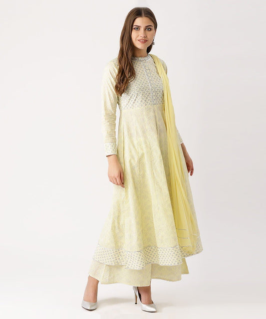 Yellow Cotton Blend Printed Kurta and Salwar Palazzo Set