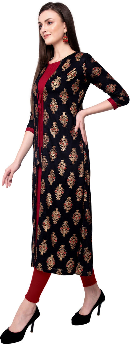 Black Maroon Round Neck Three Quarter Sleeve Printed A-line Kurta