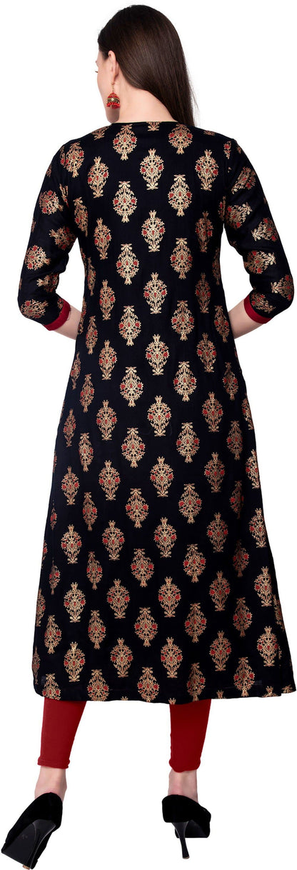 Black Maroon Round Neck Three Quarter Sleeve Printed A-line Kurta