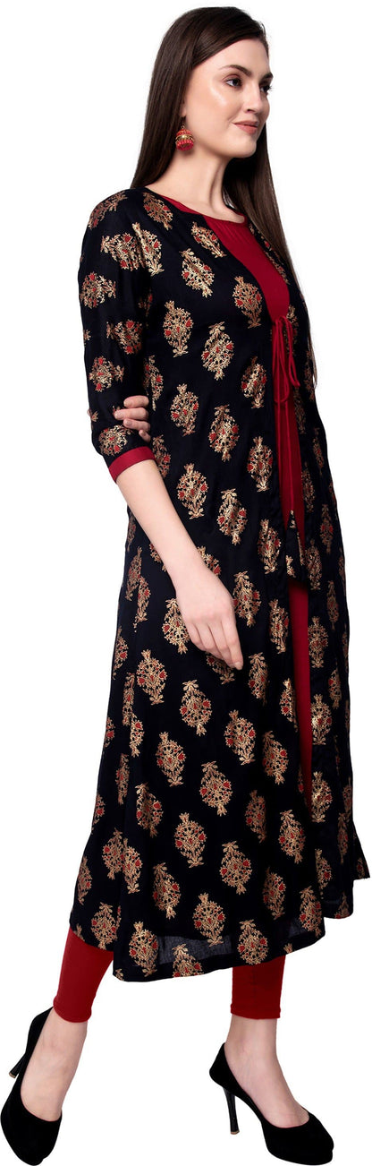 Black Maroon Round Neck Three Quarter Sleeve Printed A-line Kurta