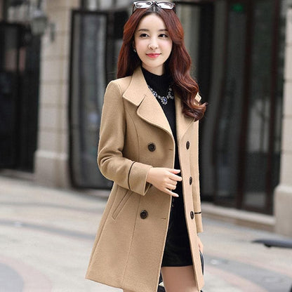 Wool Blend Turn-down Collar Double Breasted Trench Coat