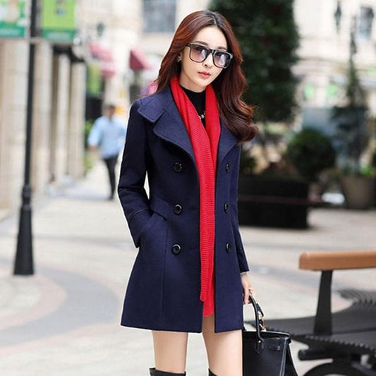 Wool Blend Turn-down Collar Double Breasted Trench Coat