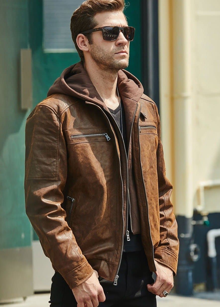 Mens leather jacket 2024 with detachable hood