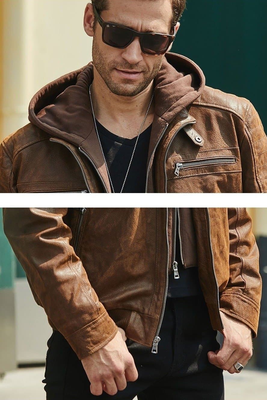 Brown Genuine Leather Jacket With A Removable Hood