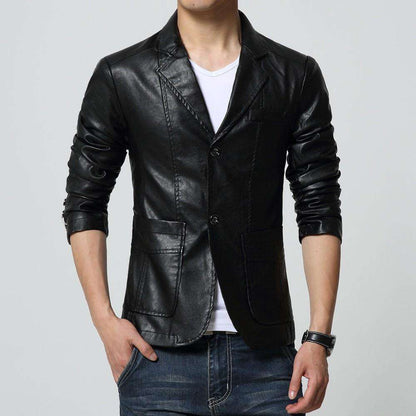 Turn-down Collar Slim Long Sleeve Two Buttons Leather Jacket