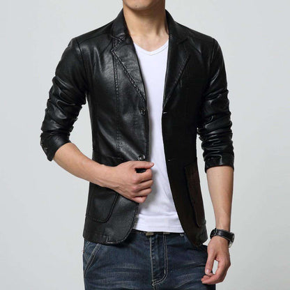 Turn-down Collar Slim Long Sleeve Two Buttons Leather Jacket