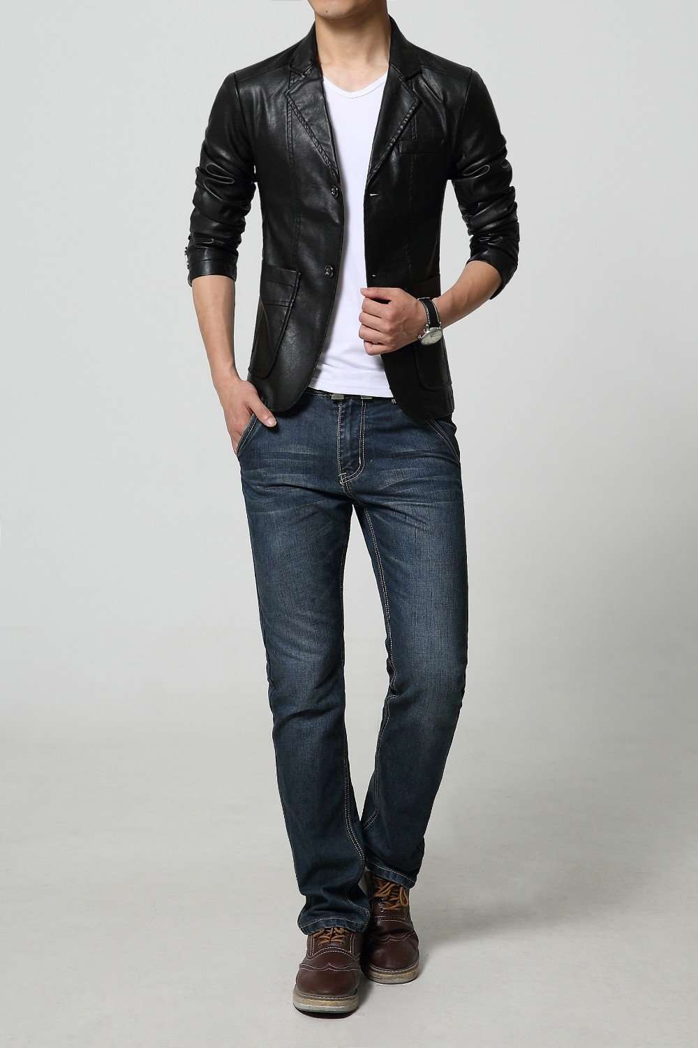 Turn-down Collar Slim Long Sleeve Two Buttons Leather Jacket