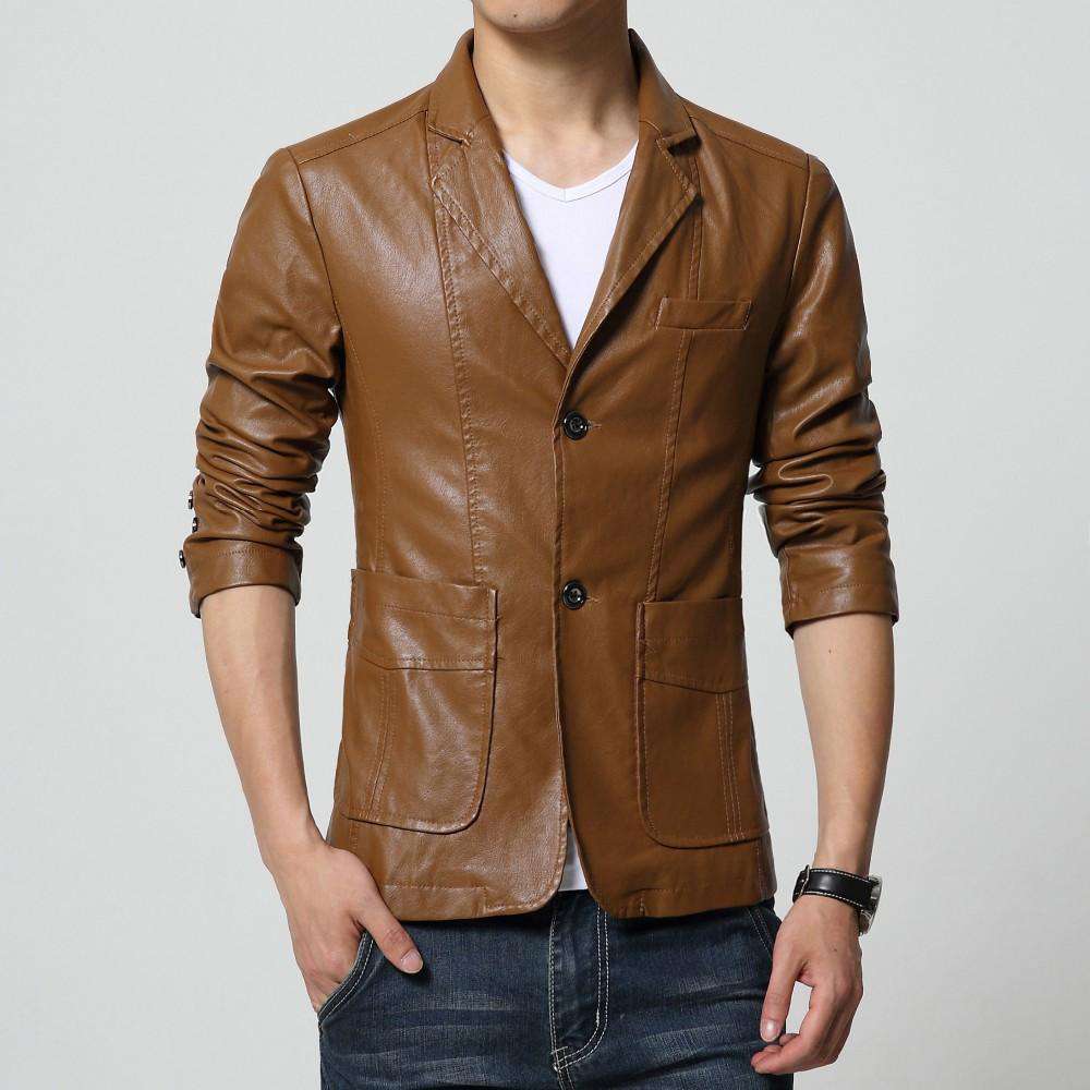 Turn-down Collar Slim Long Sleeve Two Buttons Leather Jacket