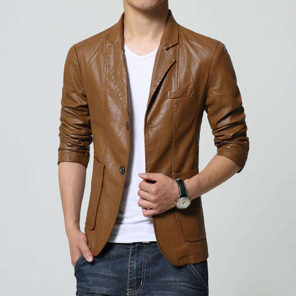 Turn-down Collar Slim Long Sleeve Two Buttons Leather Jacket