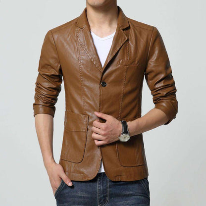 Turn-down Collar Slim Long Sleeve Two Buttons Leather Jacket