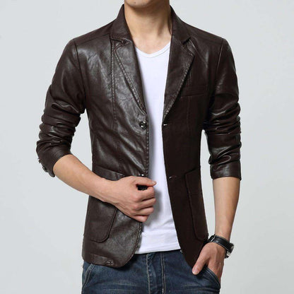 Turn-down Collar Slim Long Sleeve Two Buttons Leather Jacket