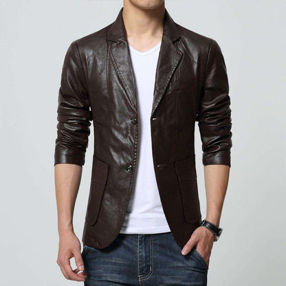 Turn-down Collar Slim Long Sleeve Two Buttons Leather Jacket