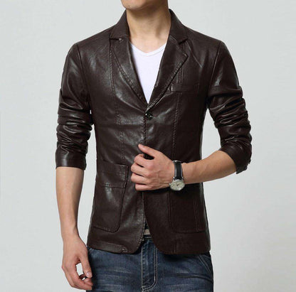 Turn-down Collar Slim Long Sleeve Two Buttons Leather Jacket