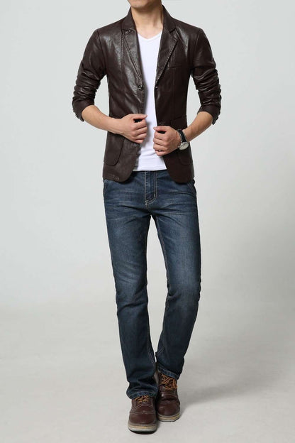 Turn-down Collar Slim Long Sleeve Two Buttons Leather Jacket