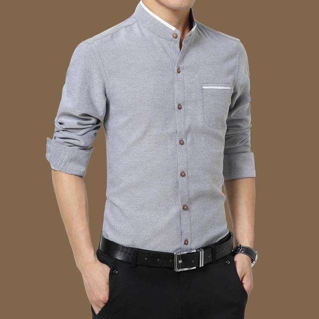 Grey Long Sleeve Mandarin Collar Slim Fit Shirt