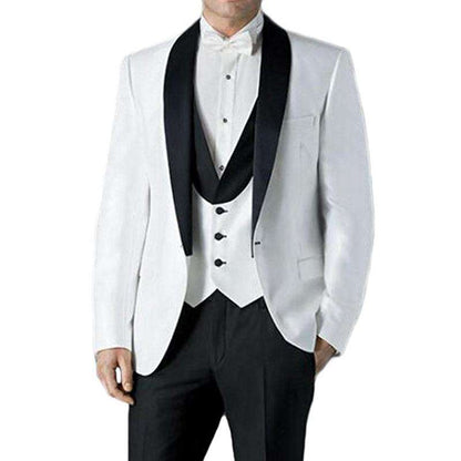 Black and White Shawl Lapel Three Piece Jacket Black Pants Vest