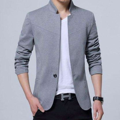 England Style Cotton Mandarin Collar Single Button Blazer