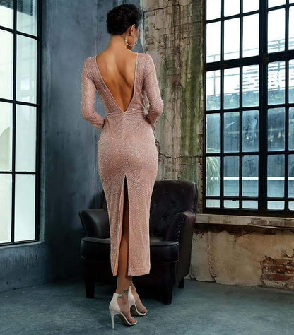 0-Neck Open Back Mid-Calf Dress