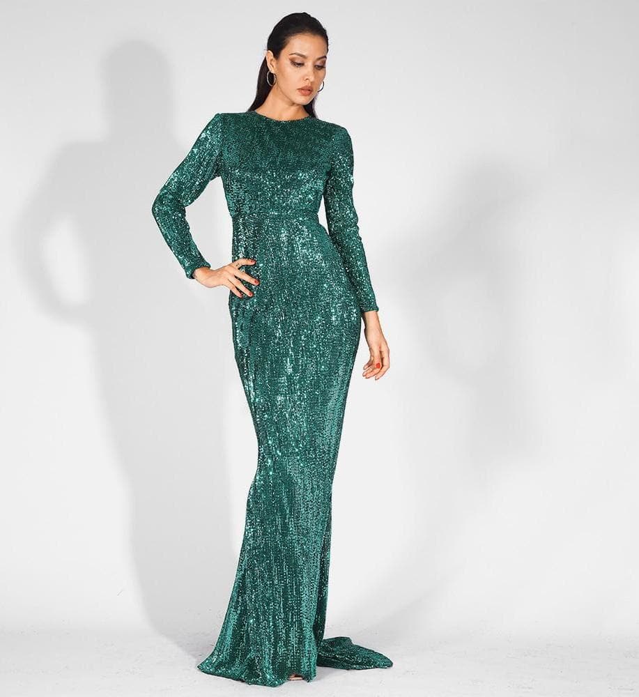 0-Neck High Waist Elastic Pleated Sequins Fishtail Shape Party Green Long Dress