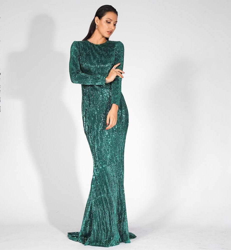 0-Neck High Waist Elastic Pleated Sequins Fishtail Shape Party Green Long Dress