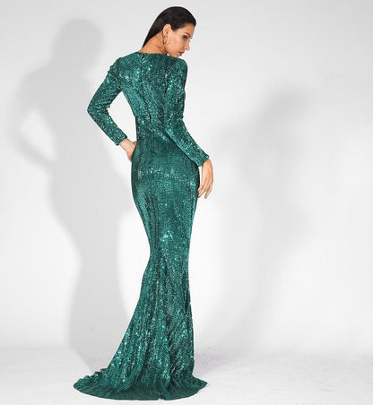 0-Neck High Waist Elastic Pleated Sequins Fishtail Shape Party Green Long Dress