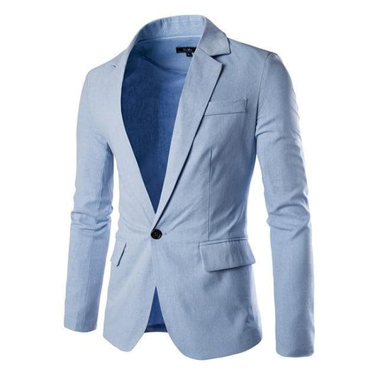 Blue Linen Slim Fit Long Sleeve Single Button Blazer