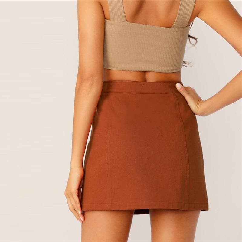 Button Front Skirt Korean Style Brown High Waist A Line Mini Skirt