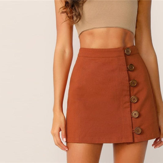 Button Front Skirt Korean Style Brown High Waist A Line Mini Skirt