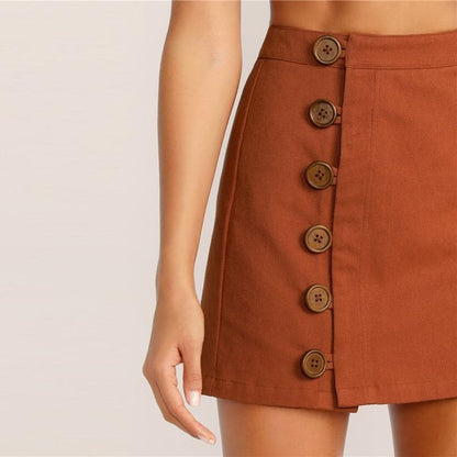 Button Front Skirt Korean Style Brown High Waist A Line Mini Skirt