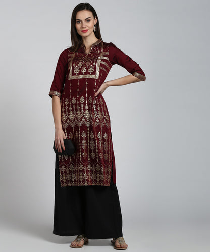 Maroon Printed Calf Length Mandarin Collar Straight Kurta