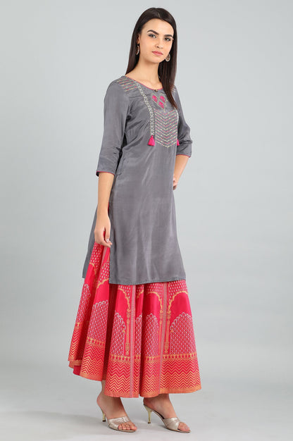 Grey Pink Round Neck Three Fourth Sleeve Embroidered Straight Kurta