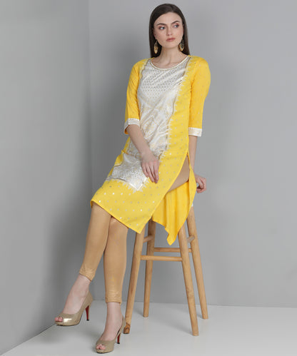 Yellow Round Neck Three Fourth Sleeve Floral Print Straight Kurta