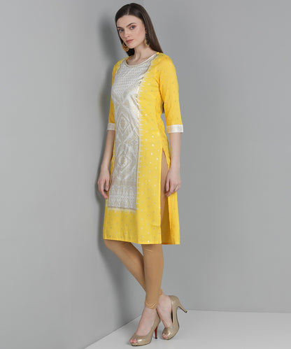 Yellow Round Neck Three Fourth Sleeve Floral Print Straight Kurta