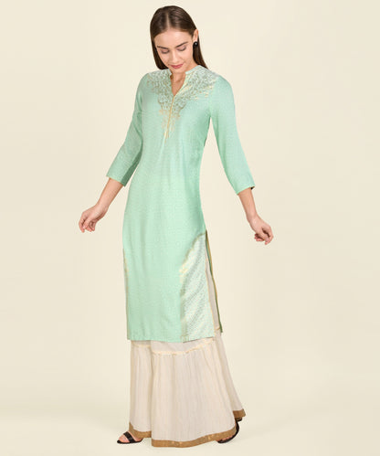 Light Green Three Fourth Sleeve Mandarin Collar Printed Straight Kurta