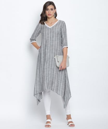 Charcoal Black V-Neck Striped High Low Kurta