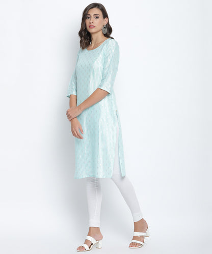 Blue Round Neck Printed Three Quarter Sleeve Straight Kurta