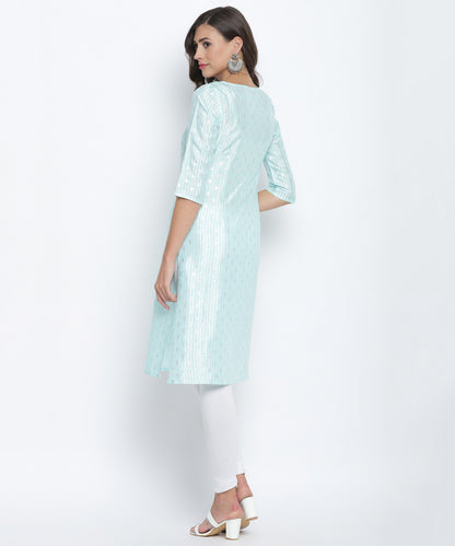 Blue Round Neck Printed Three Quarter Sleeve Straight Kurta