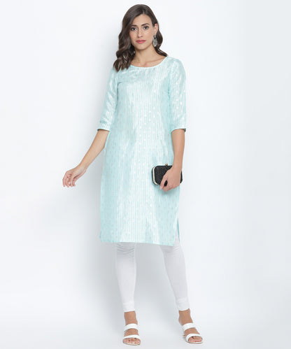 Blue Round Neck Printed Three Quarter Sleeve Straight Kurta