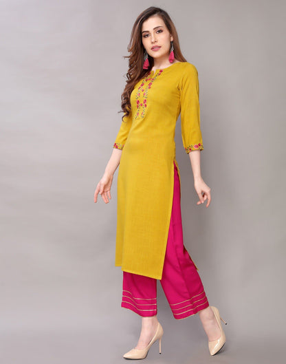 Yellow Calf Length Round Neck Three Fourth Sleeve Solid Embroidered Straight Kurta