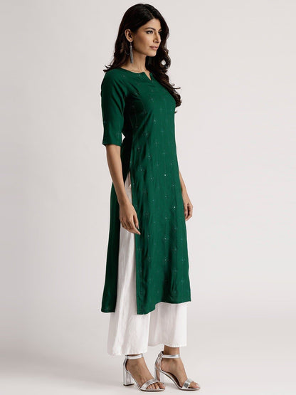 Green Asymmetric Neck Half Sleeve Embellished Straight Kurta