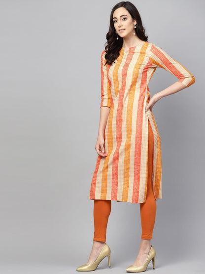 Orange Sweetheart Neck Three Quarter Sleeve Striped, Checkered Straight Kurta